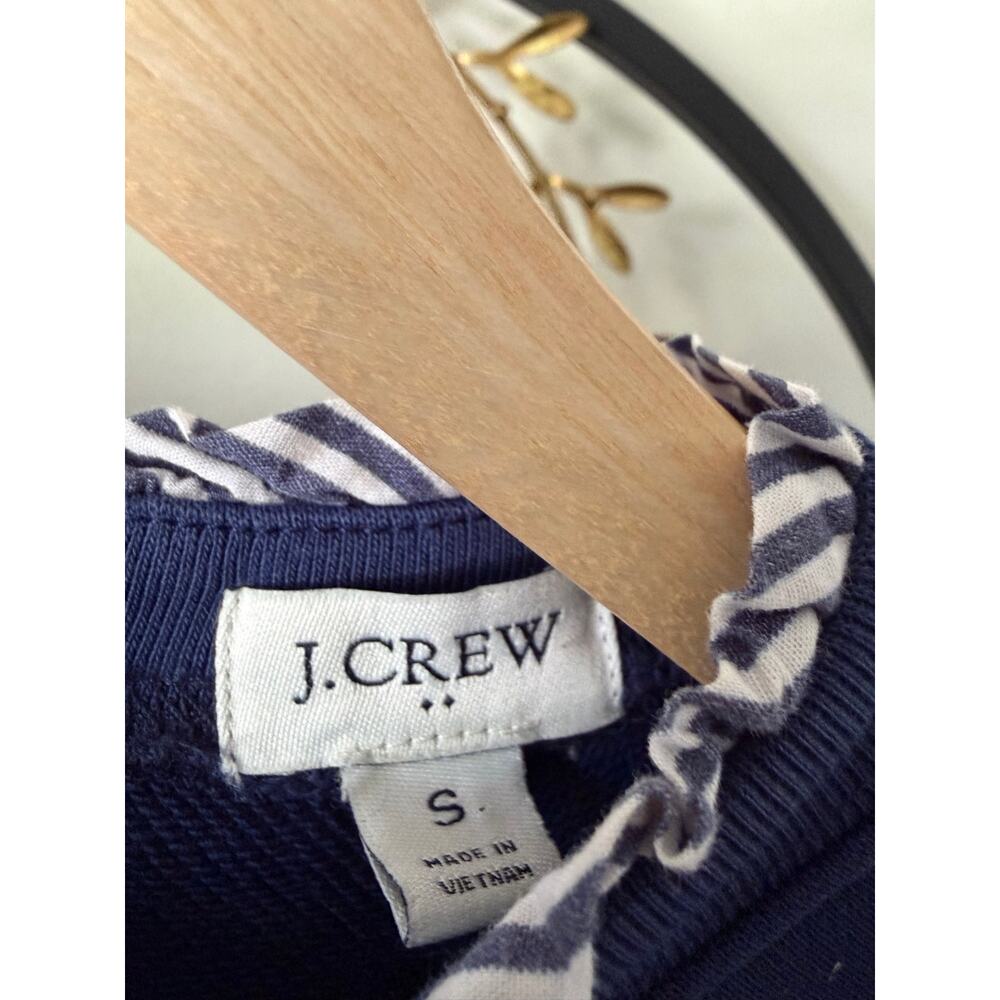 J Crew Ruffle Collar Sweatshirt Navy Blue Small Striped Trim 100% Cotton - Picture 4 of 4